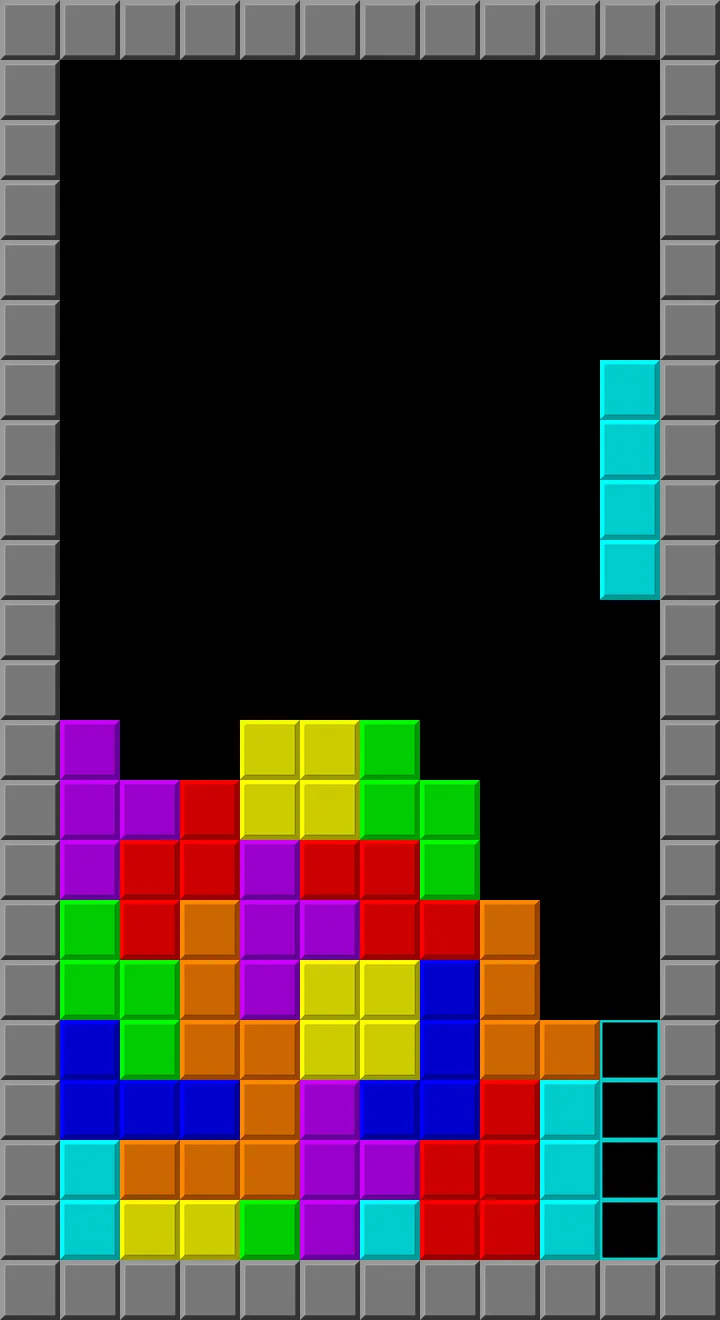 A Tetris playfield with colourful blocks stacked inside a rigid square grid.